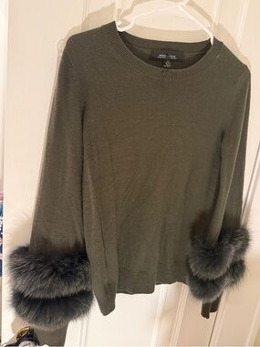 Neiman Marcus 100% Cashmere Crewneck Sweater with fox fur trim, olive green